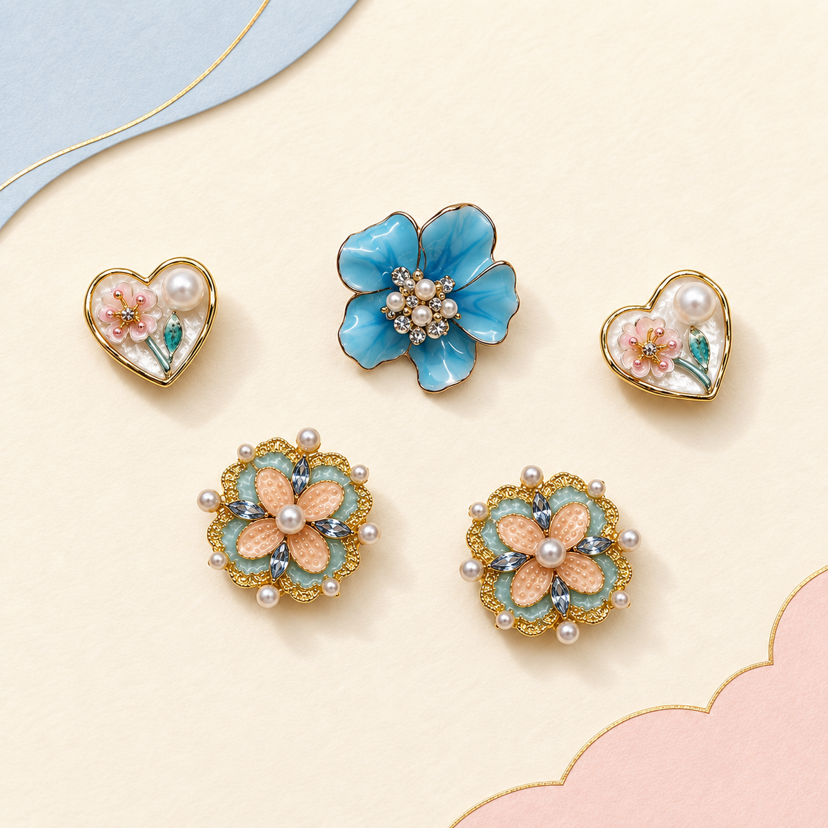 Blue floral dog collar jewelry set with 5 elegant flower and heart snap-on charms for pets