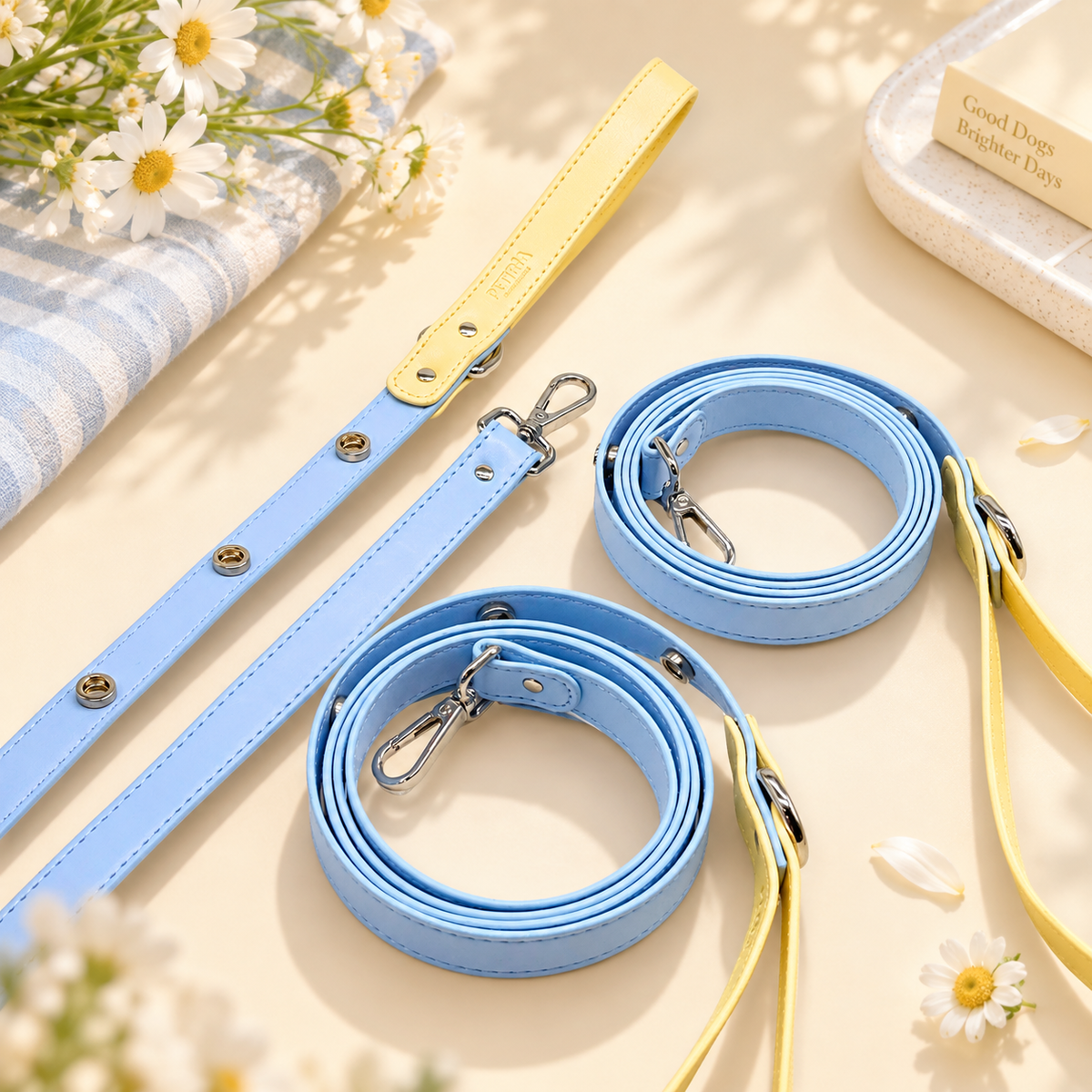 Blue PETIRIA interchangeable dog leashes with metal hardware and customizable charm attachment points