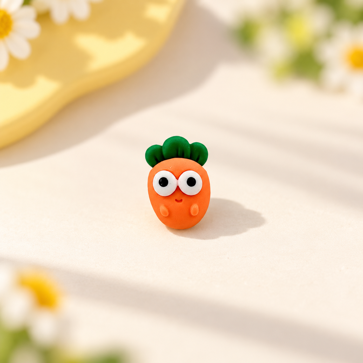Carrot Buddy dog collar charm with an orange body, green top and playful cartoon eyes