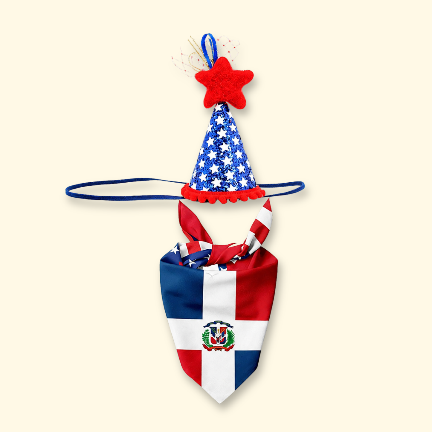 dog wearing Welcome 250 USA flag themed party hat with matching bandana – limited edition patriotic set for 4th of July
