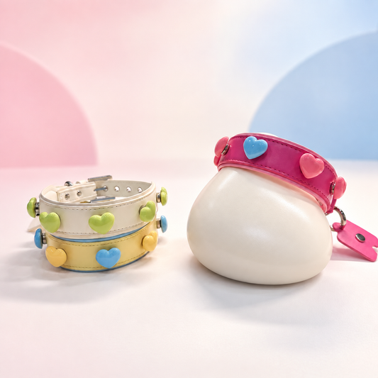 Petiria interchangeable dog collars styled with colorful pastel heart dog collar charms