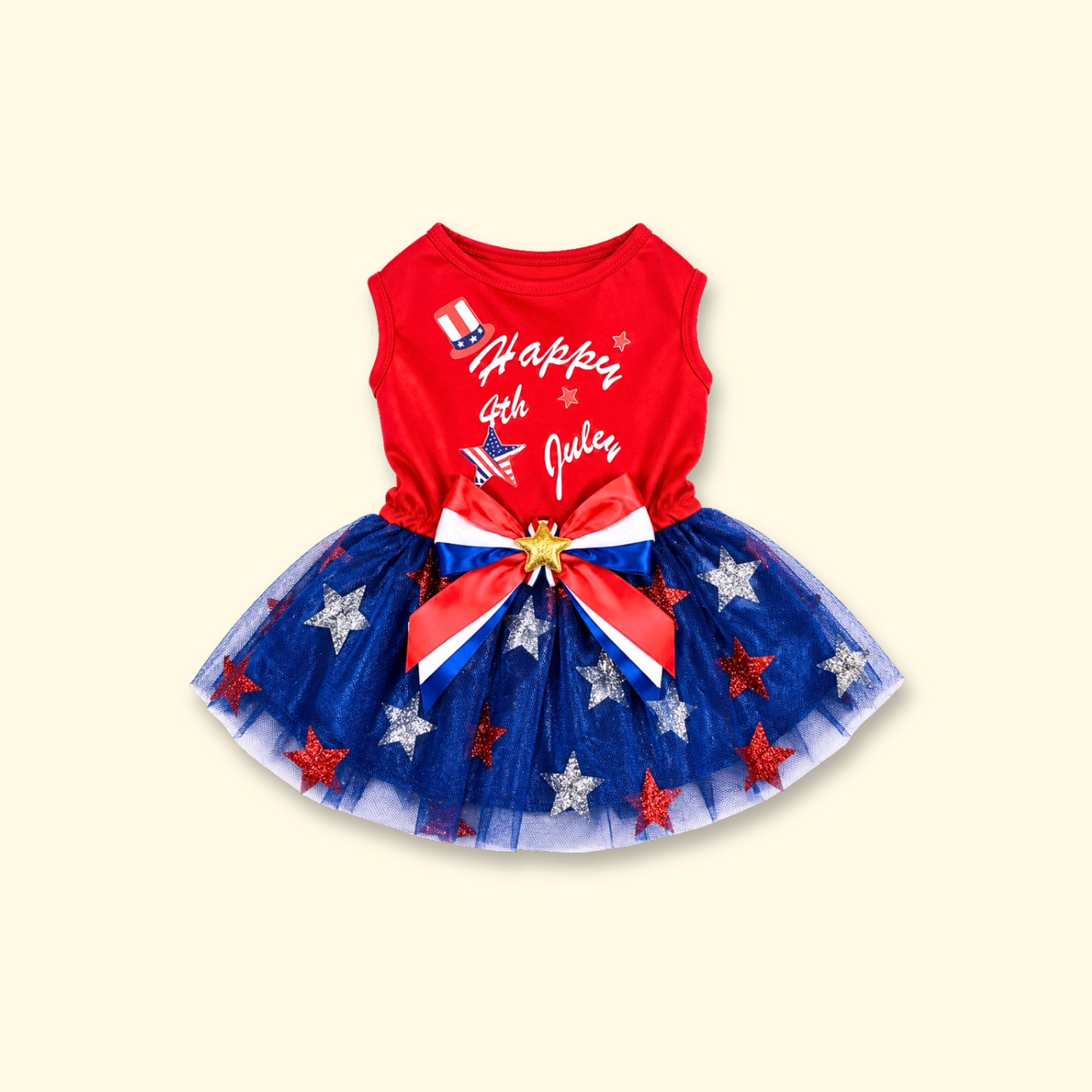 Red patriotic dog tutu dress with blue star skirt for July 4th and USA250 celebrations