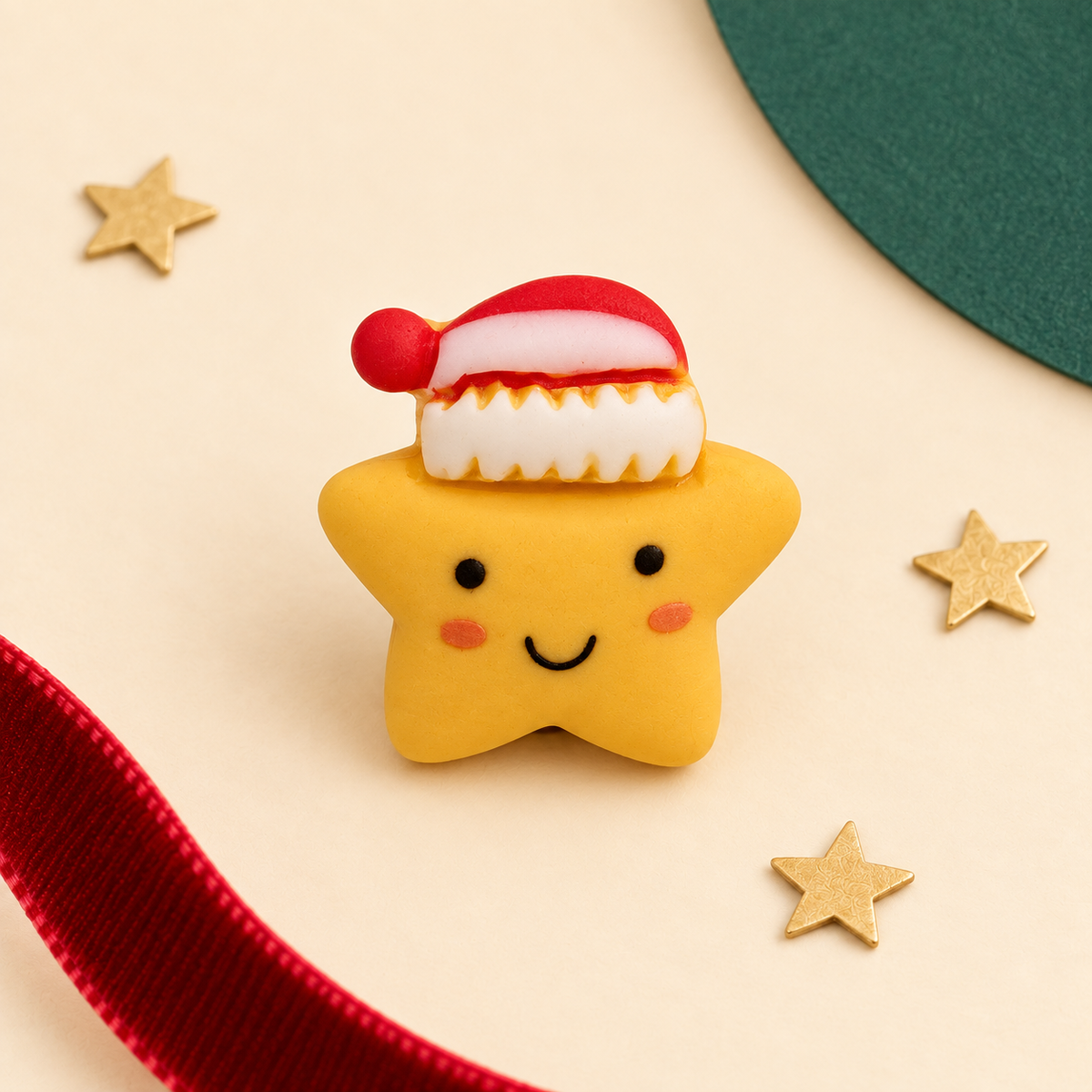 Smiling yellow star dog collar charm wearing a red Santa hat for a cute Christmas collar look