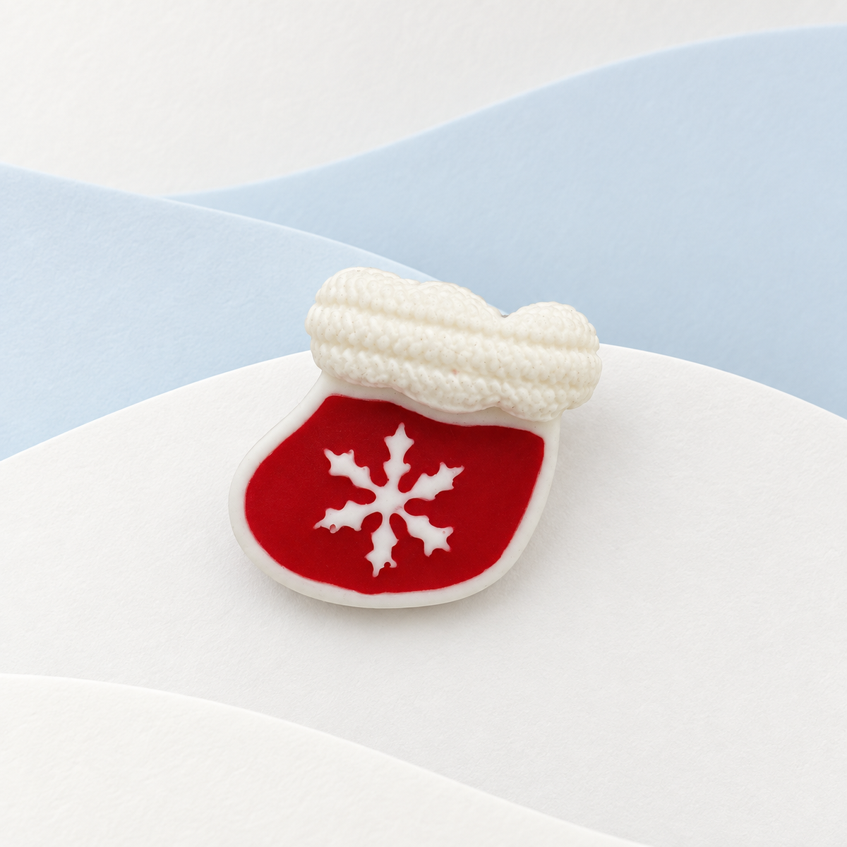 Red Christmas mitten dog collar charm with white snowflake and cozy white cuff for winter holiday styling