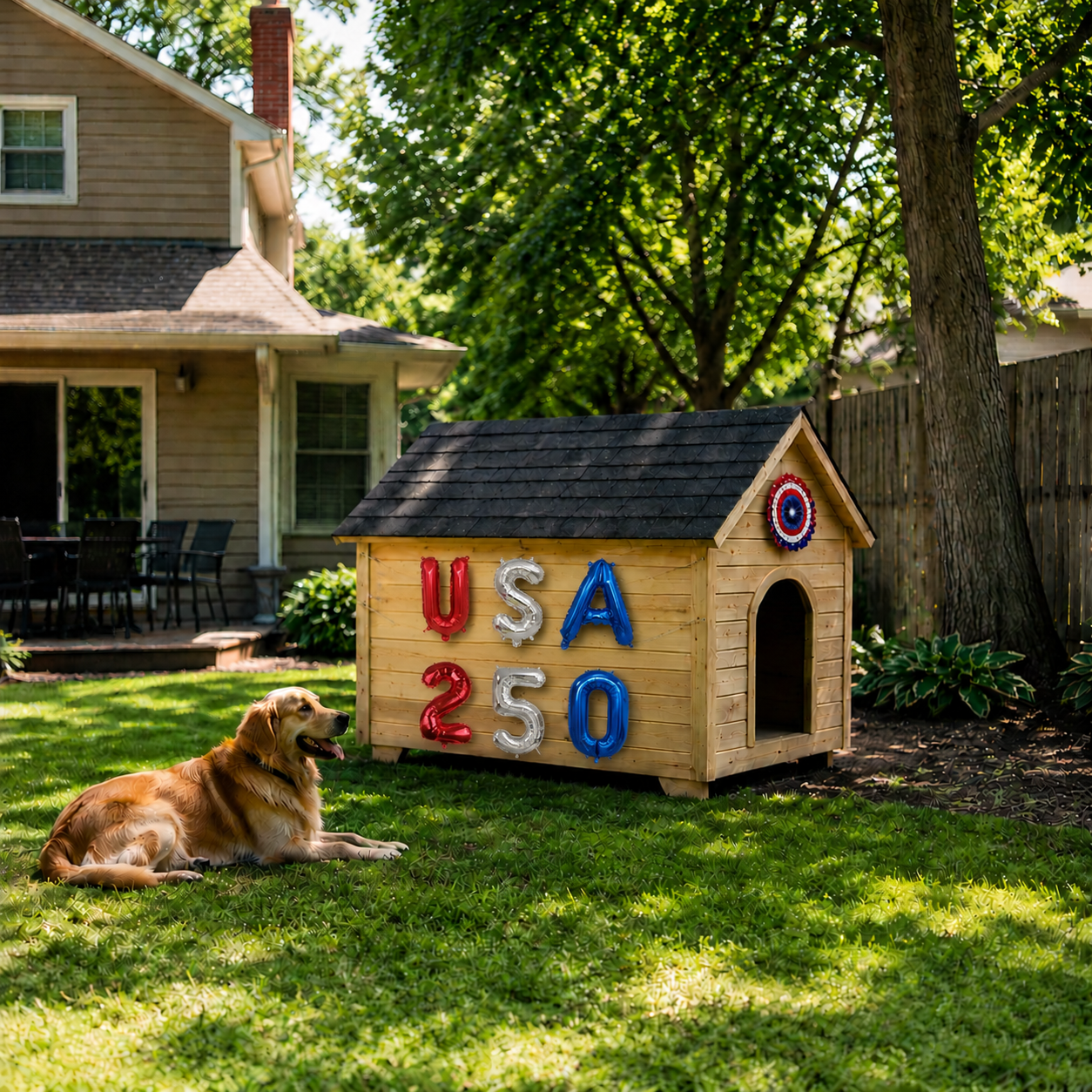 Golden Retriever dog next to USA 250 dog house decorations in backyard, patriotic pet party banner, 1776-2026 flag garland