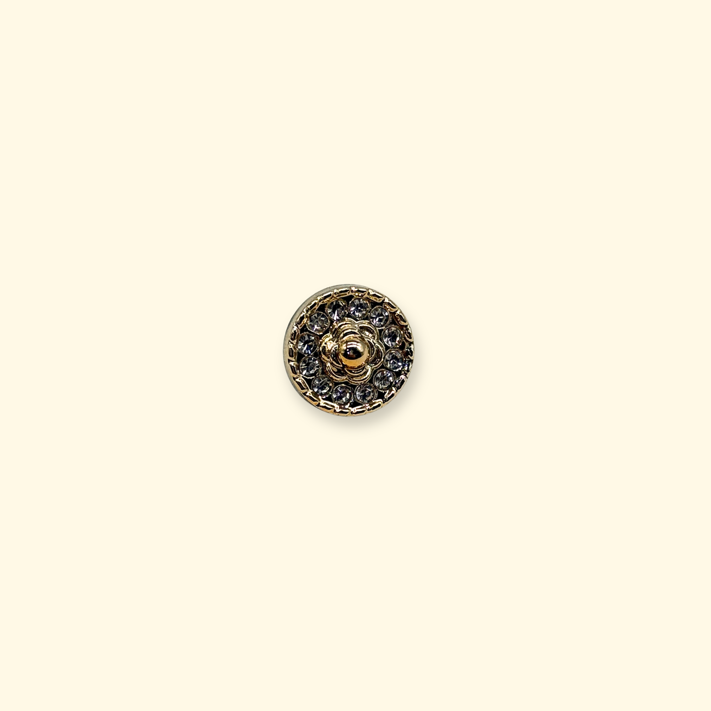 Collar Charm
Close-up of Petiria vintage gold rhinestone button snap-on charm for interchangeable dog collars.