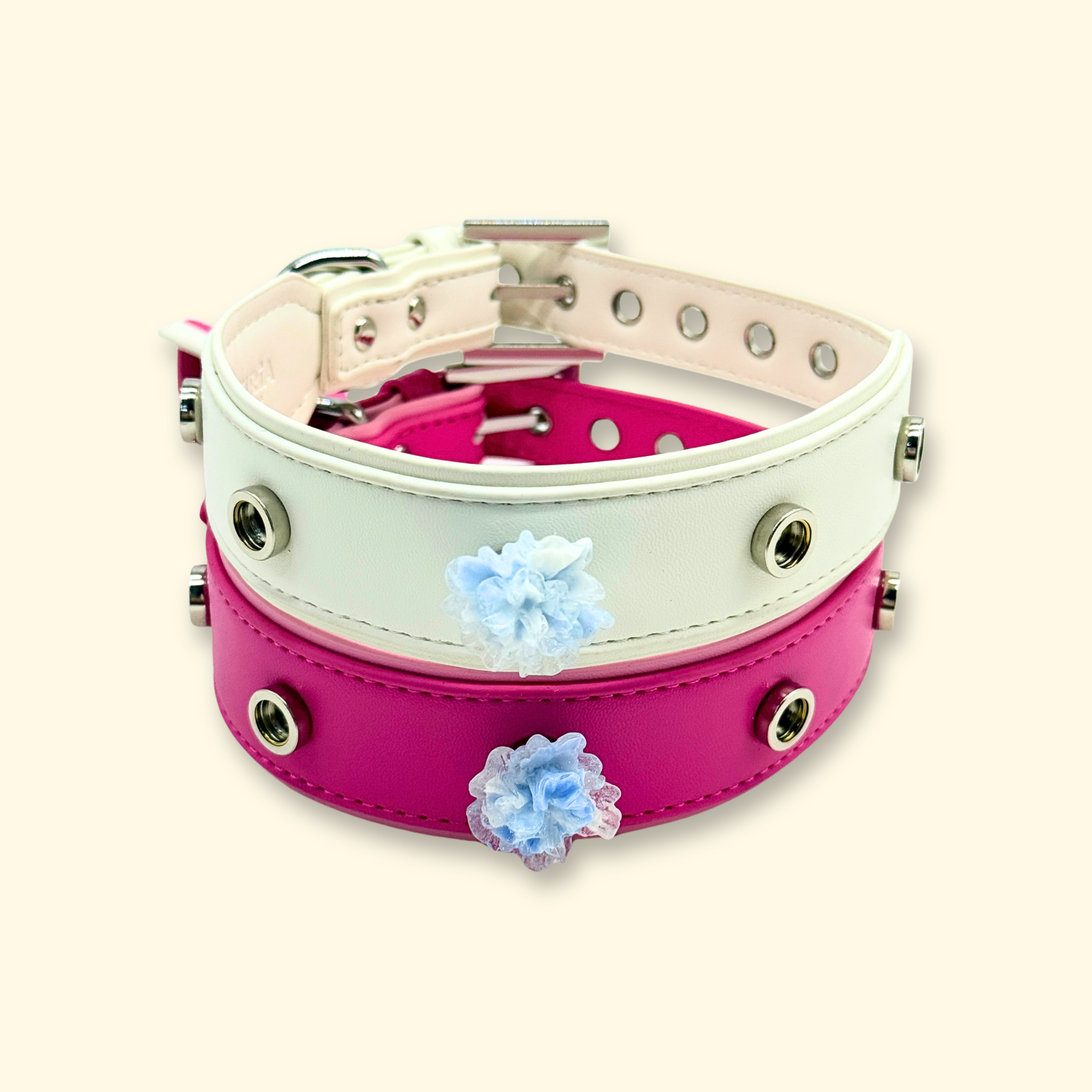 White Pet Collar with Blue Crystal Blossom Charm – Sophisticated and Chic Floral Pet Fashion