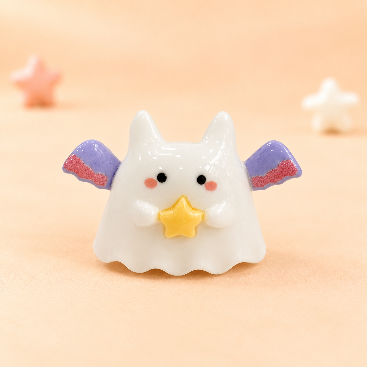 Cute white ghost dog collar charm with purple bat wings and a yellow star for Halloween