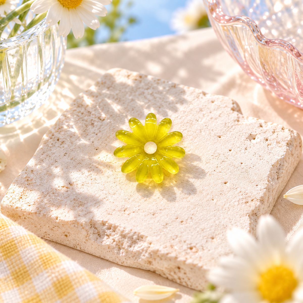 Yellow Daisy dog collar charm with translucent yellow petals and a white center