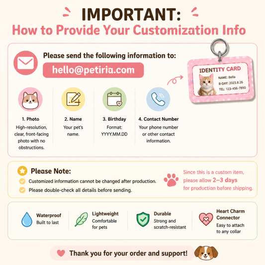 How to Provide Your Customization Information for Pet ID Tags: Send Image, Name, Birthday, and Contact Info to hello@petiria.com