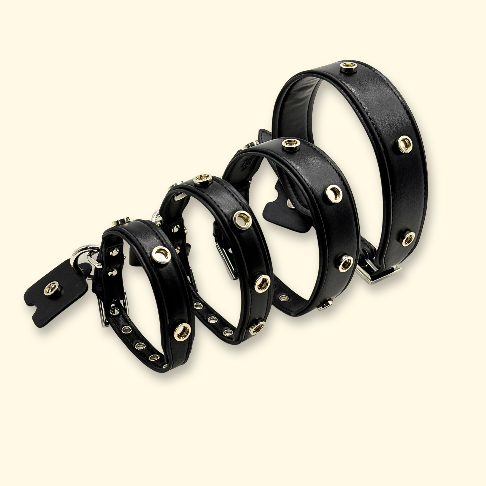 Adjustable black dog collar with interchangeable charm snaps in multiple sizes