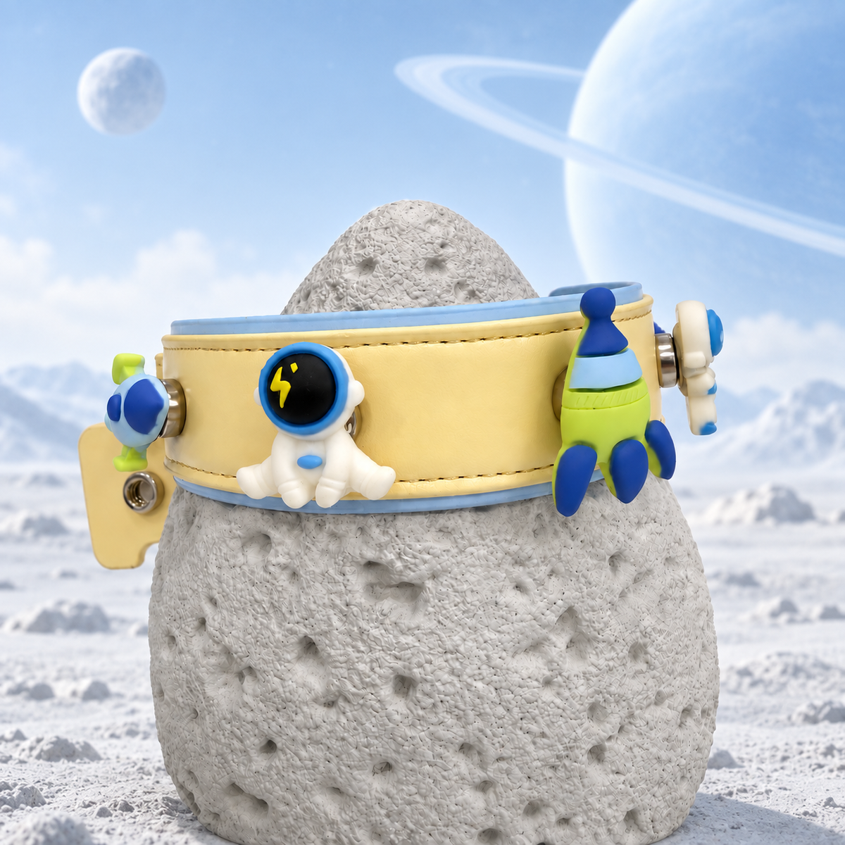 Yellow PETIRIA collar styled with astronaut, UFO and colorful rocket dog collar charms