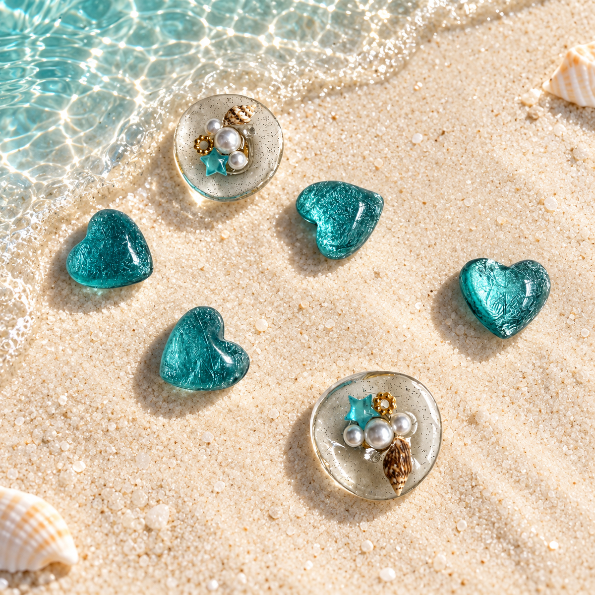 Beach dog collar charms featuring turquoise hearts and round ocean-inspired charms with pearl and seashell details