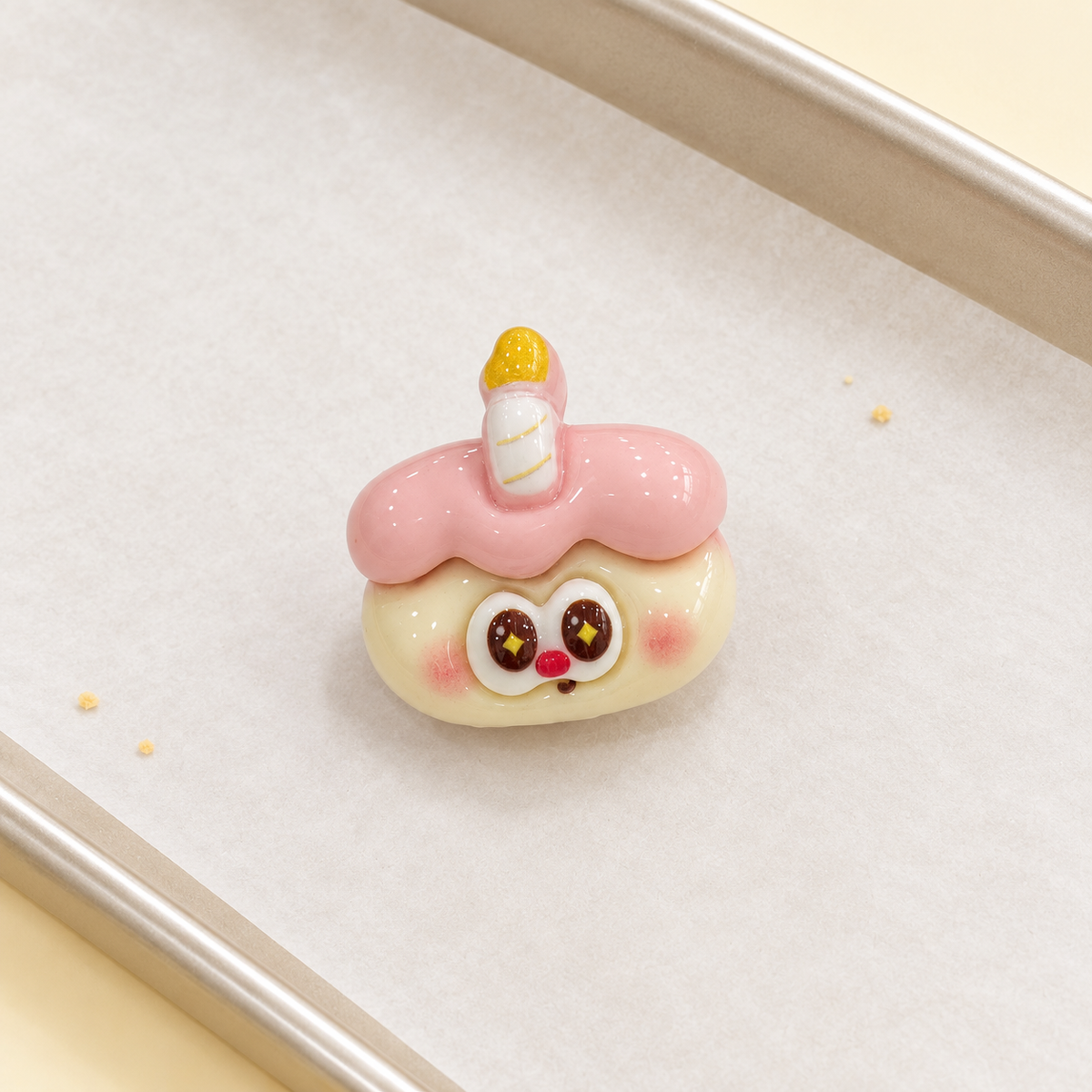 Birthday Pastry dog collar charm with pink frosting, cute character face and candle detail