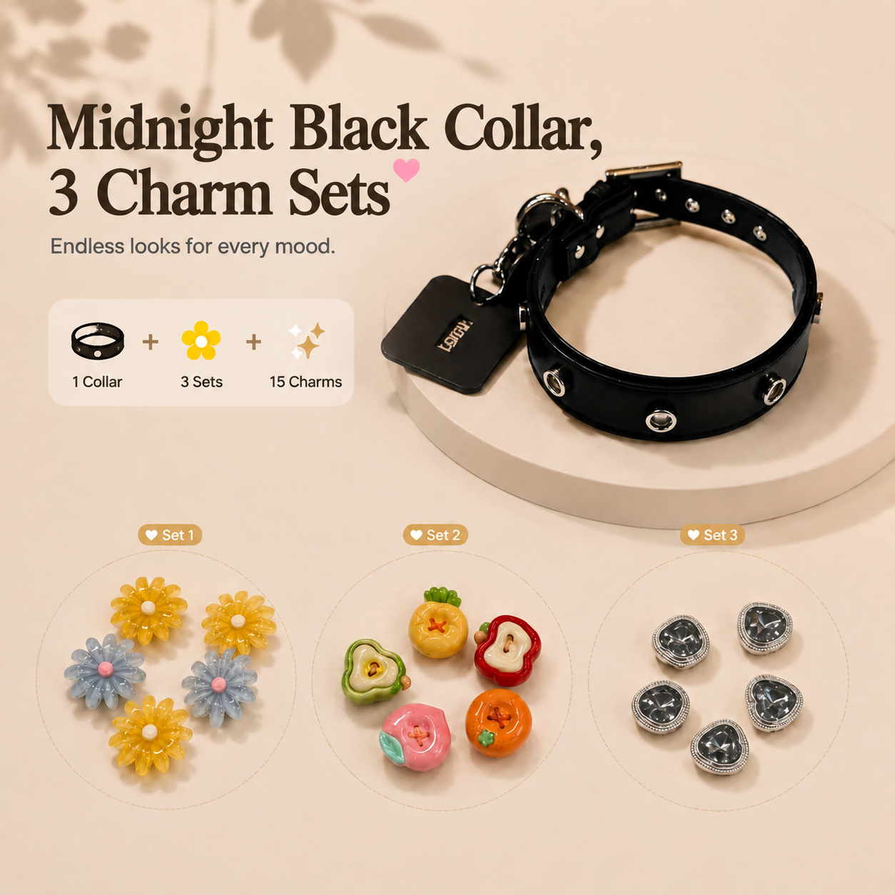 Midnight black dog collar starter kit featuring interchangeable charms and multiple style options for personalized pet fashion