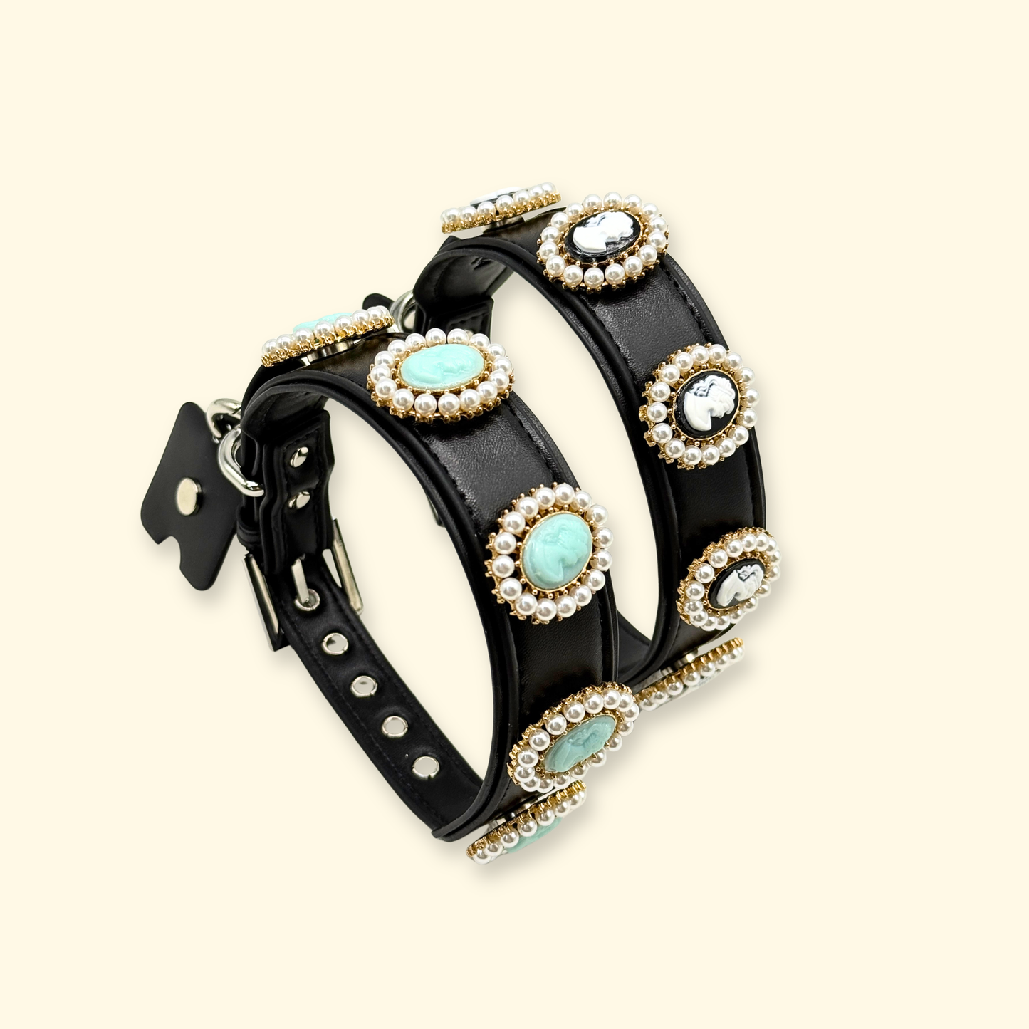 Black double layer dog collar with pearl framed cameo medallion charms, elegant vintage luxury pet accessory in black leather