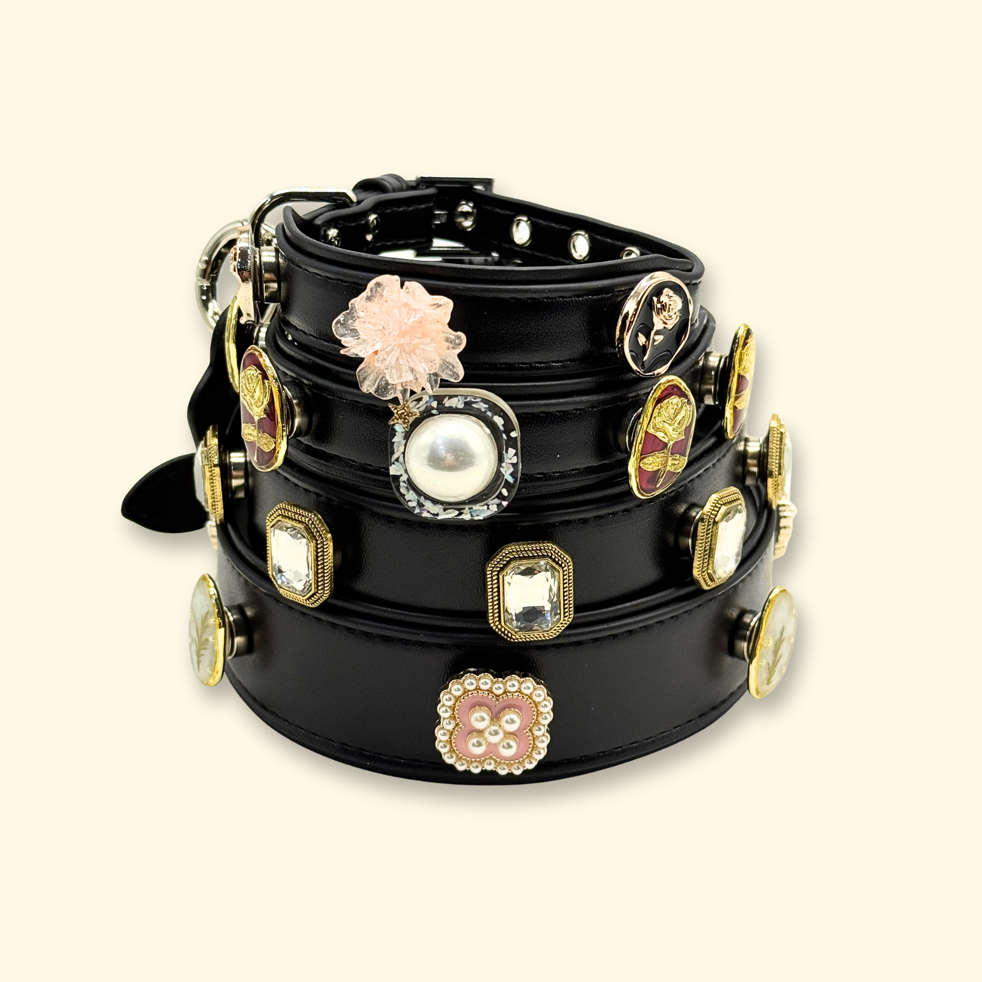Black interchangeable dog collar with cute luxury charms for dogs and cats