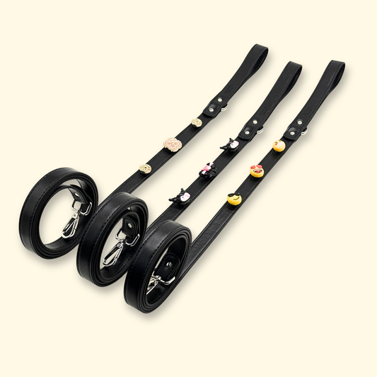 Black interchangeable dog leashes decorated with cute interchangeable charms for stylish dogs and cats