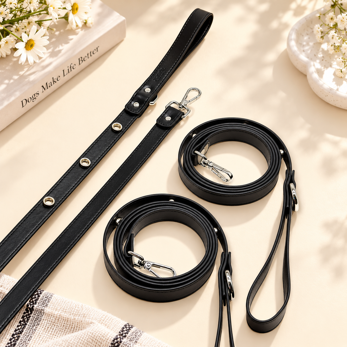 Black PETIRIA interchangeable dog leashes with metal hardware and hands-free loop design
