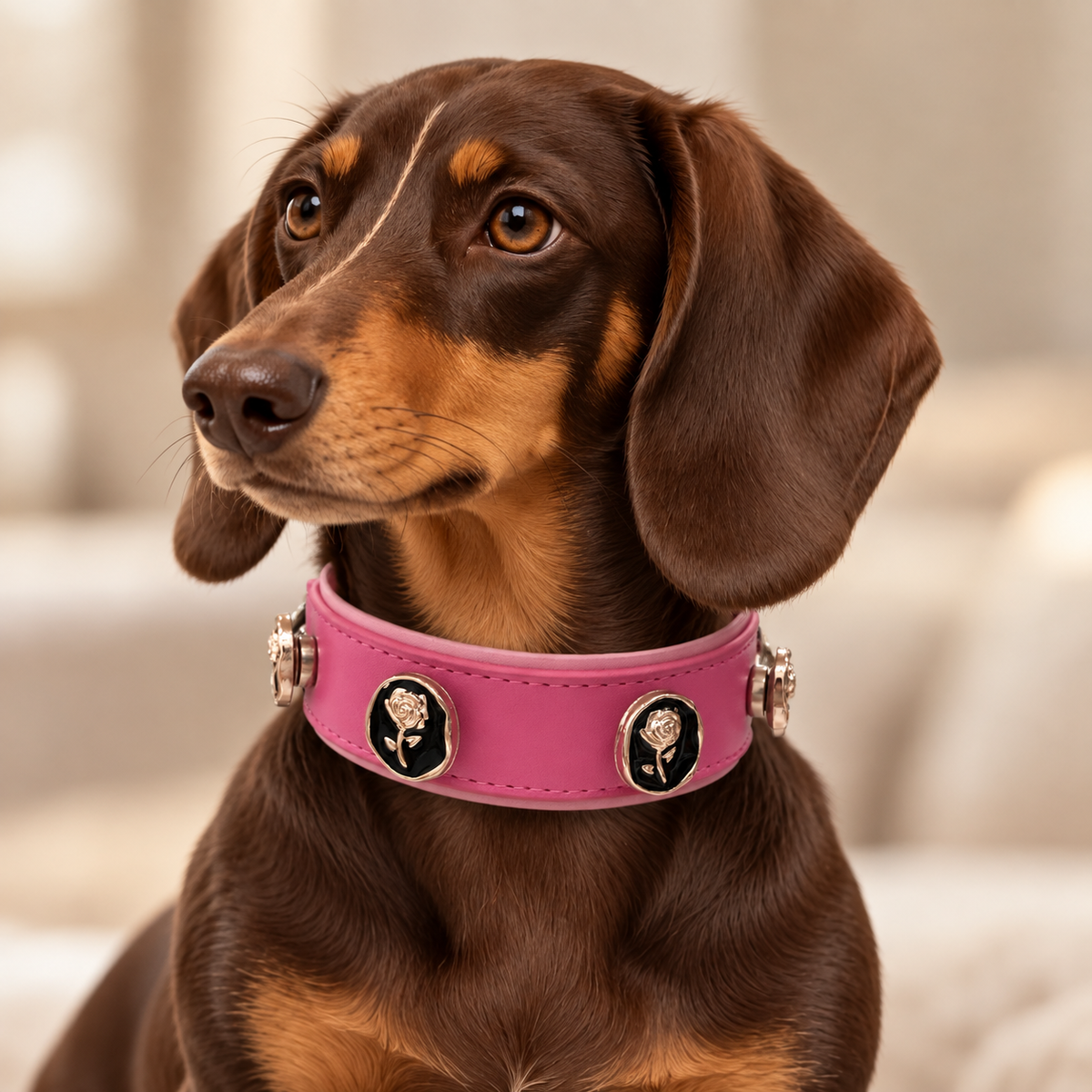 Dachshund wearing a pink collar styled with black rose dog collar jewelry