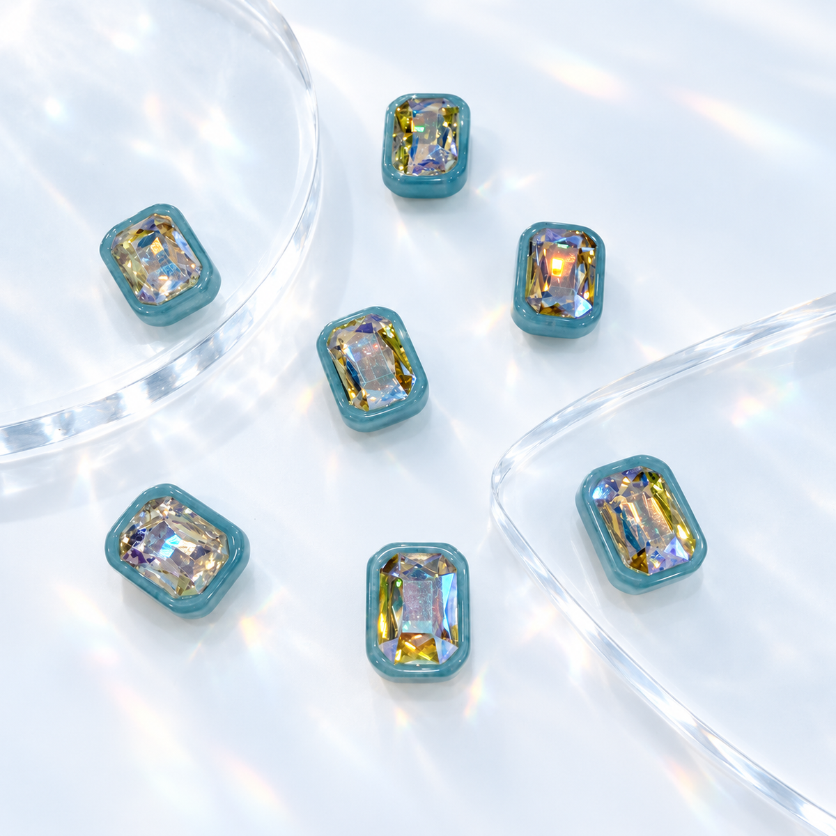 Blue Aurora crystal dog collar charms with rectangular iridescent stones and blue frames