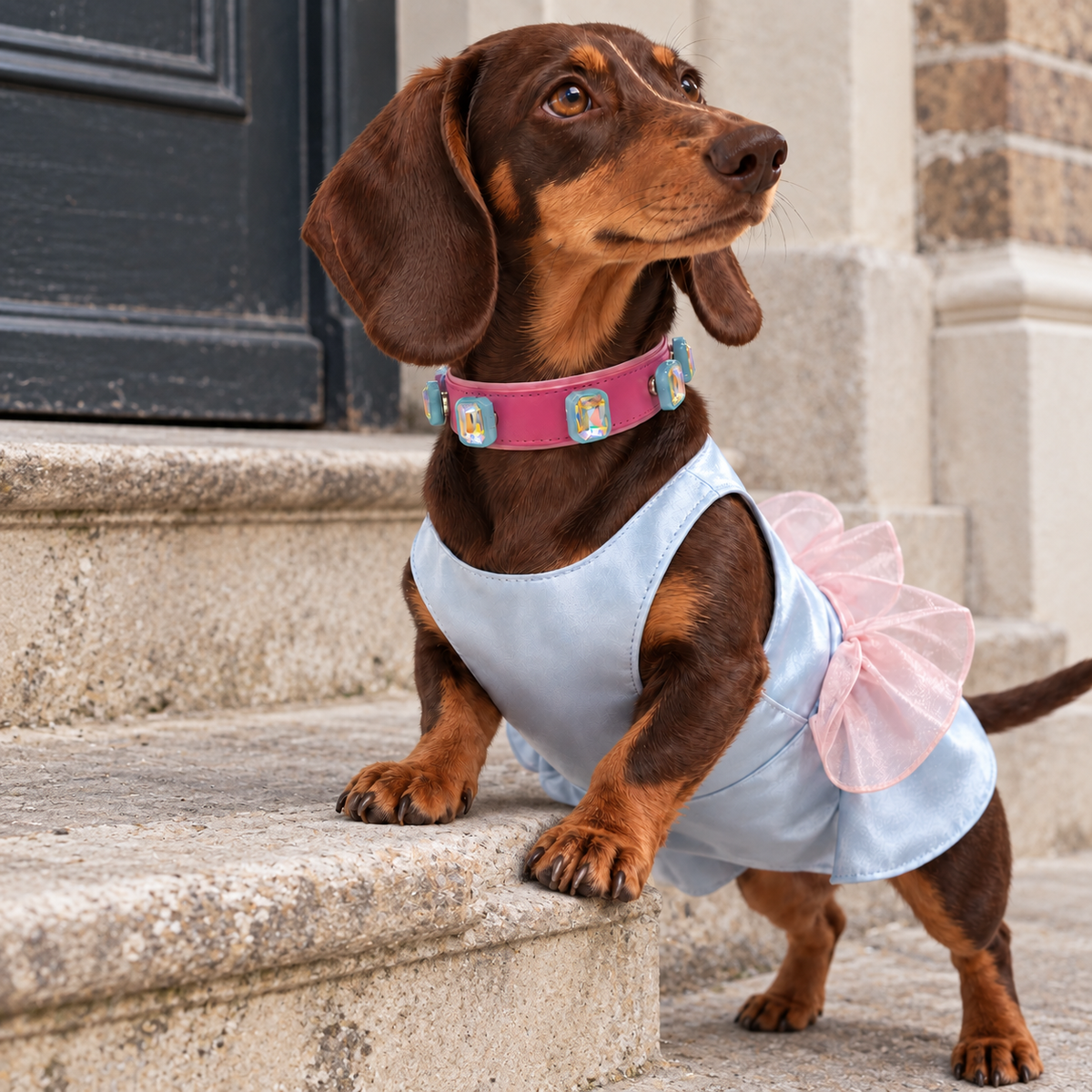 Dachshund wearing a pink collar styled with Blue Aurora crystal dog collar charms