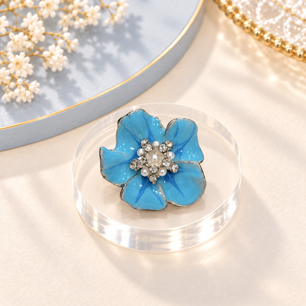 Blue Crystal Bloom dog collar charm with crystal and pearl center details