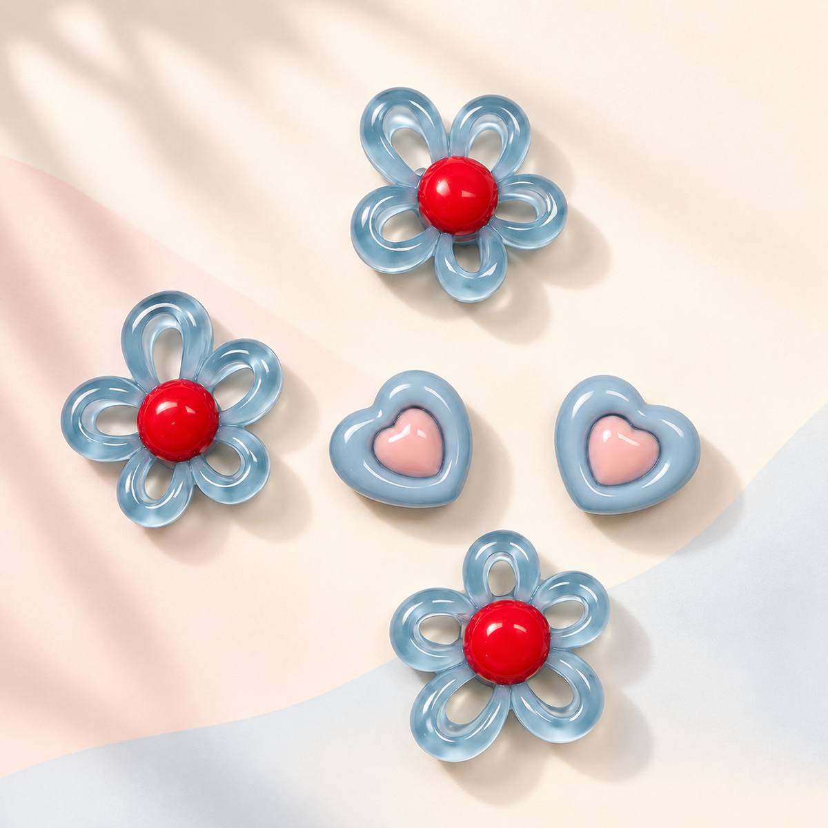 Blue flower and heart dog collar charms set with 5 colorful snap-on charms for pet collars