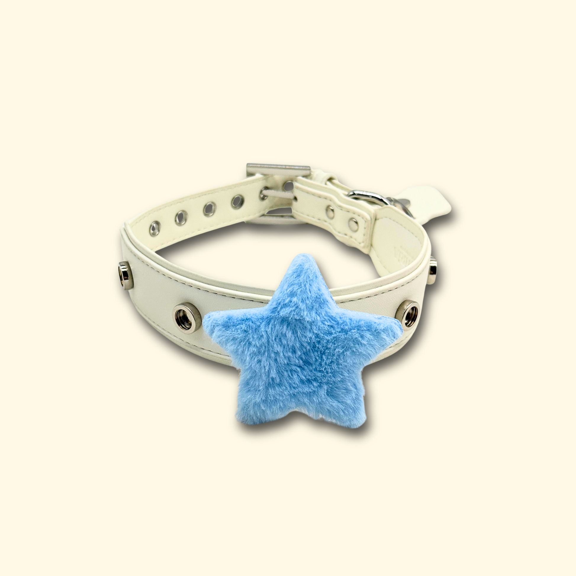 White pet collar with a blue star plush charm attached-fashion style