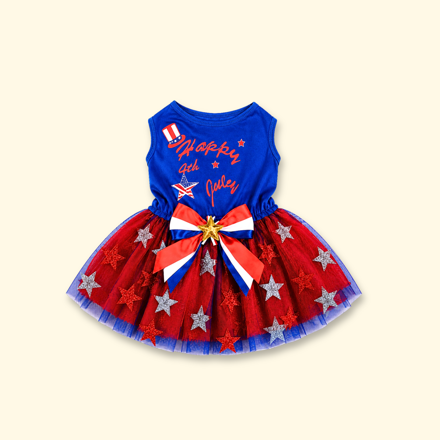 Blue USA250 dog dress with red tutu skirt and patriotic star design