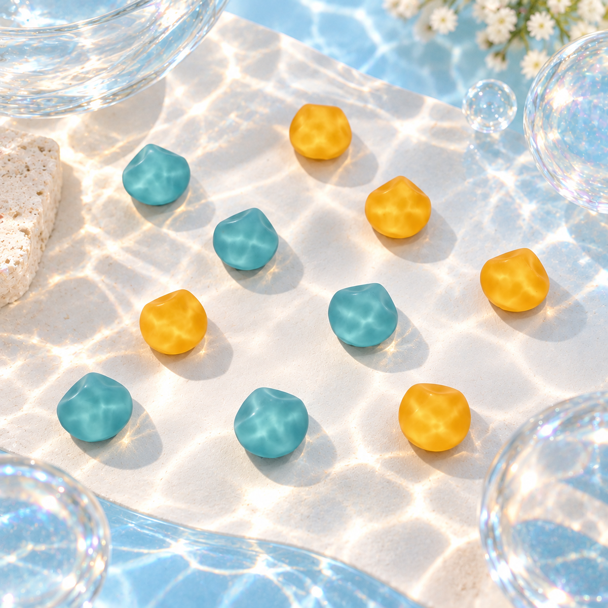Blue and yellow Color Pop dog collar charms with smooth organic shapes and colorful translucent details