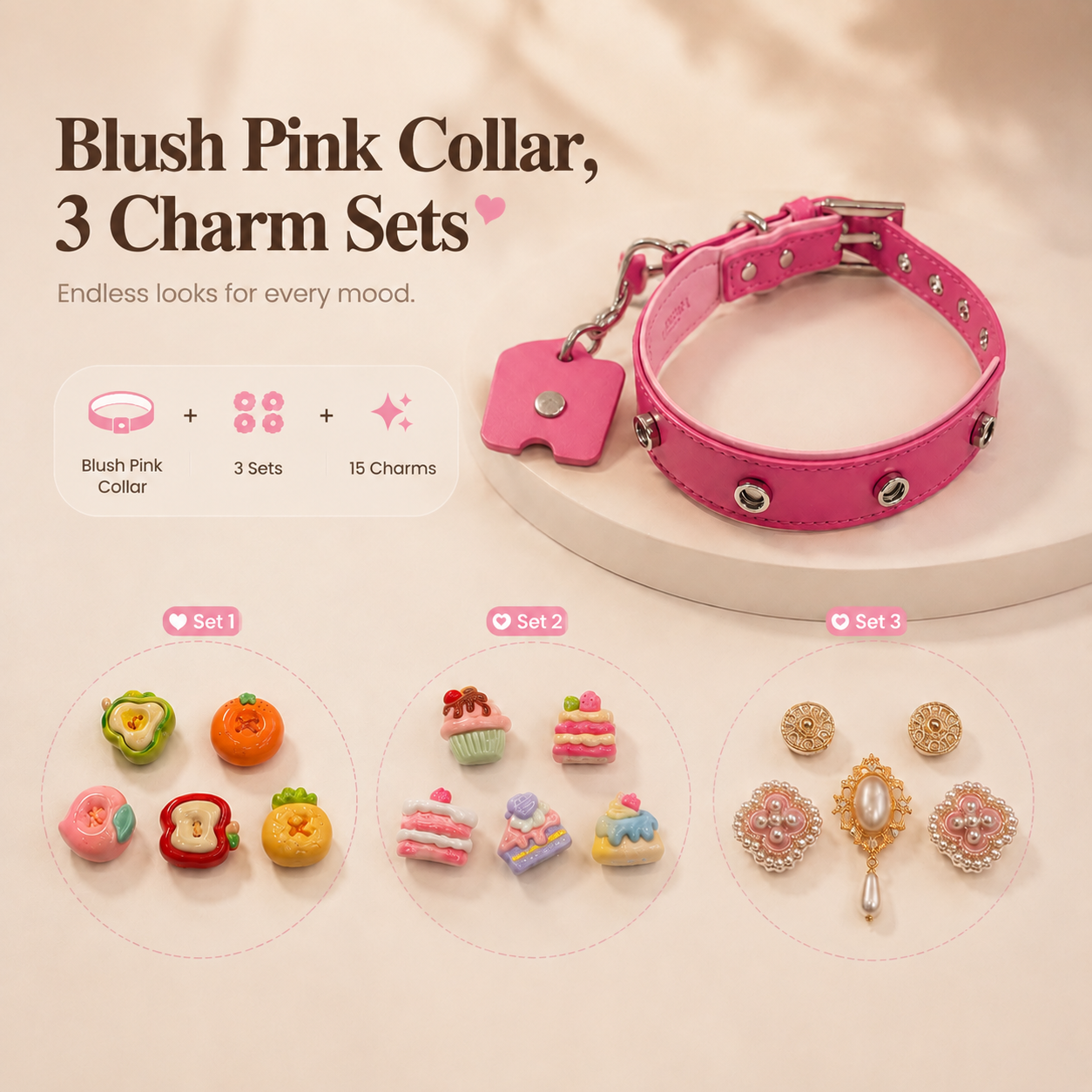 Blush pink personalized dog collar starter kit with three charm collections and 15 removable charms for creating different dog styles