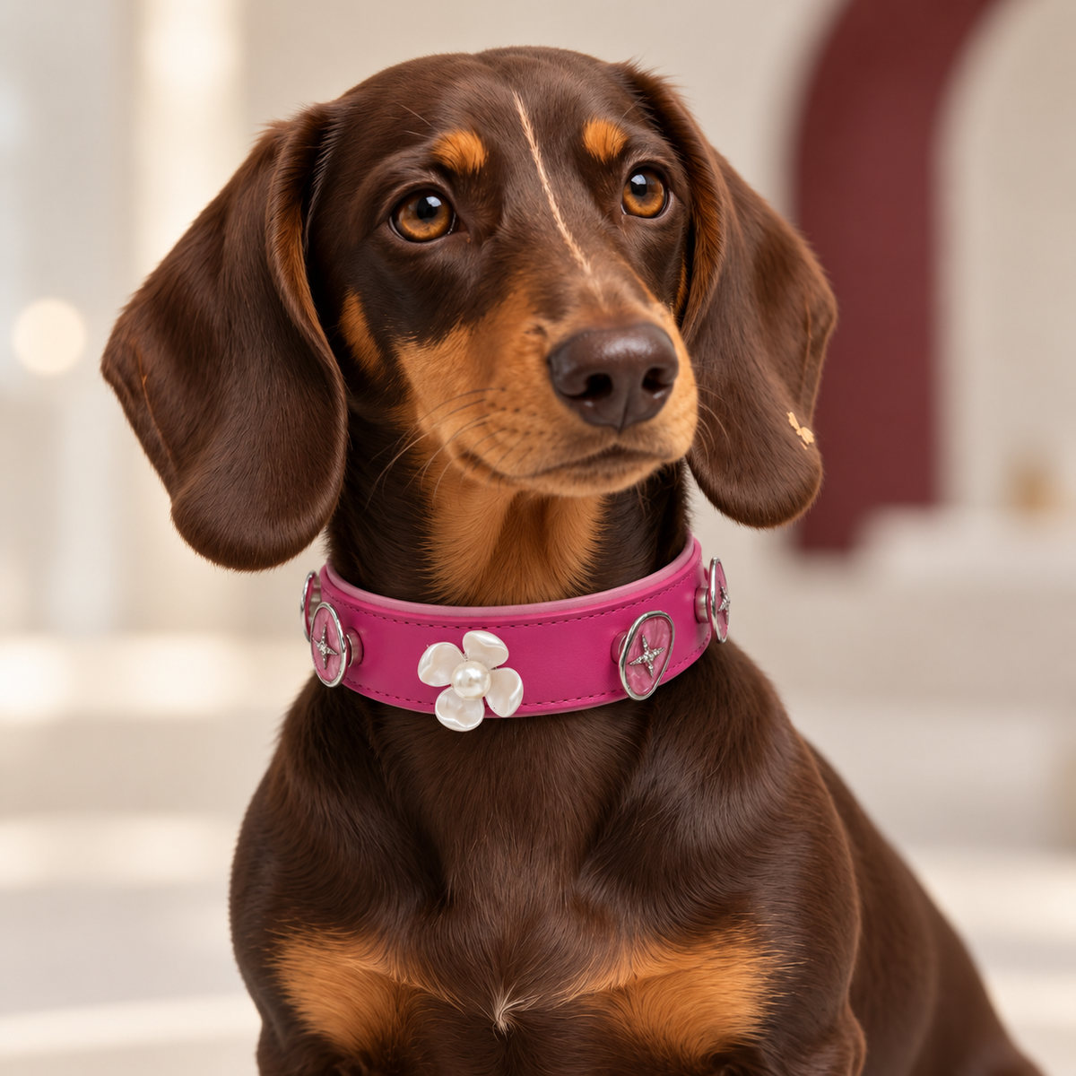 Dachshund wearing a pink collar styled with vintage botanical dog collar charms