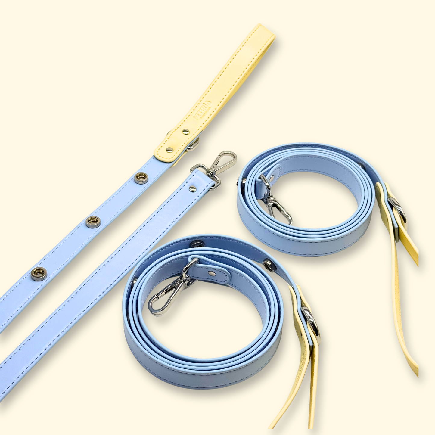 Butter yellow and sky blue matching pet leashes with interchangeable charm snaps
