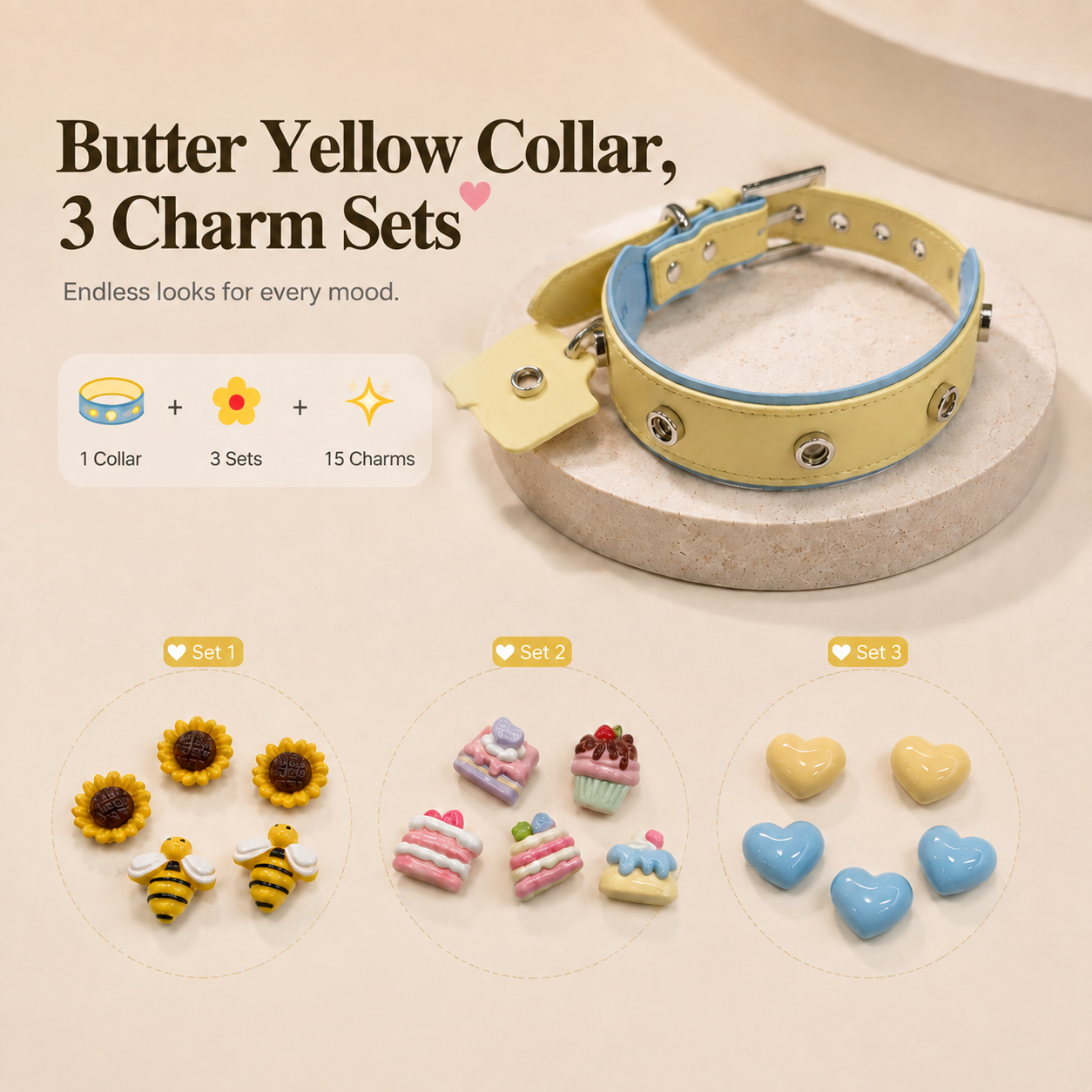 Butter yellow dog collar starter kit with three curated charm sets and 15 charms for personalized pet style customization