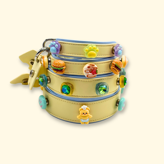 butter yellow dog collar with interchangeable charms for dogs and cats featuring cute customizable pet accessories