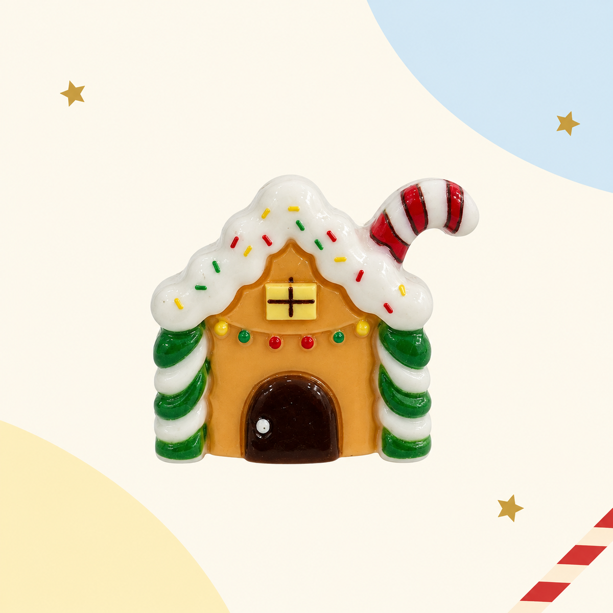 Christmas house dog collar charm with candy cane, snowy roof and colorful festive details