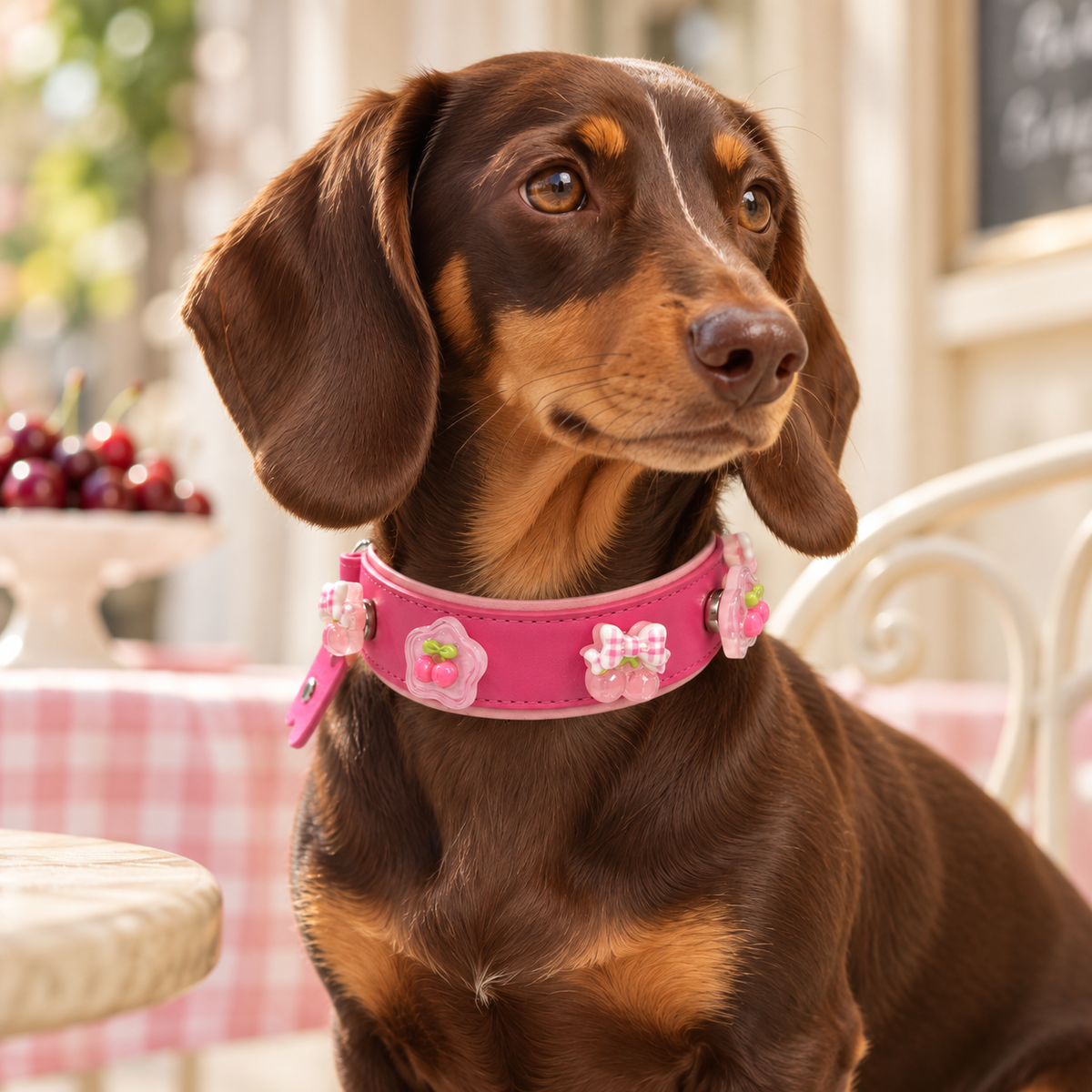 Dachshund wearing a pink collar styled with cute cherry dog collar charms