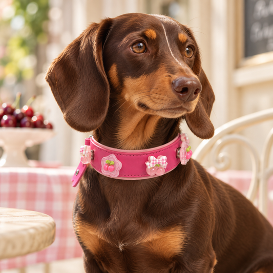 Dachshund wearing a pink collar styled with cute cherry dog collar charms