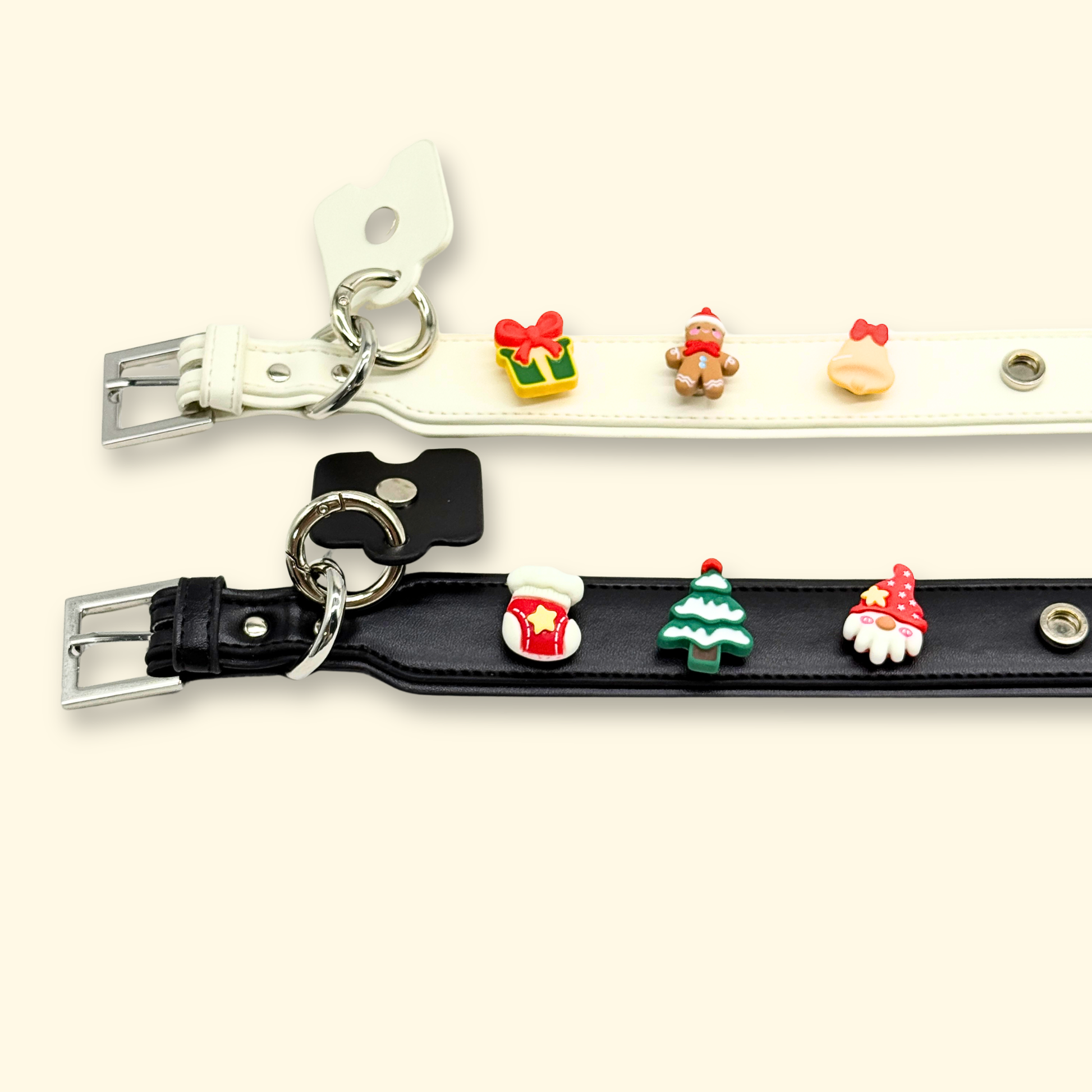 White and black pet collars decorated with Christmas accessories like gift, gnome, stocking, and tree
