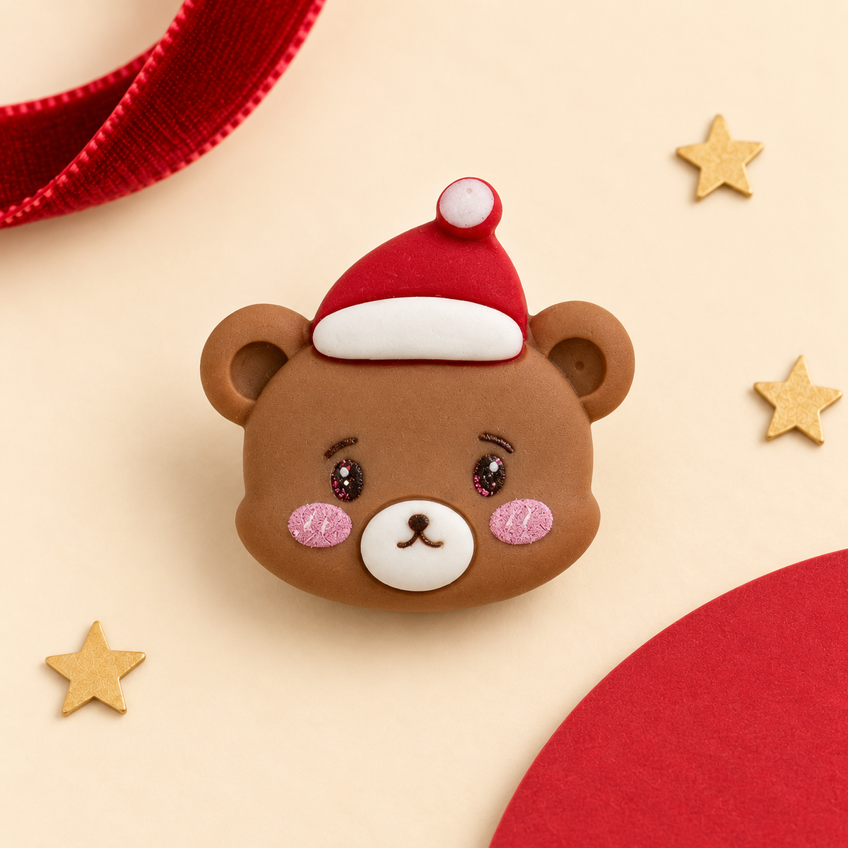 Cute brown bear dog collar charm wearing a red Santa hat for Christmas pet collar styling