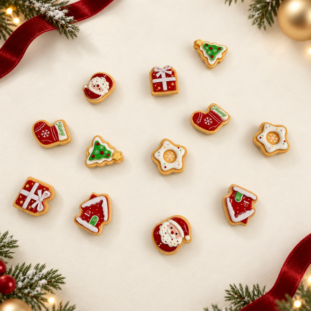 Christmas cookie dog collar charms featuring Santa, Christmas tree, star, mitten, gift and holiday house cookie designs