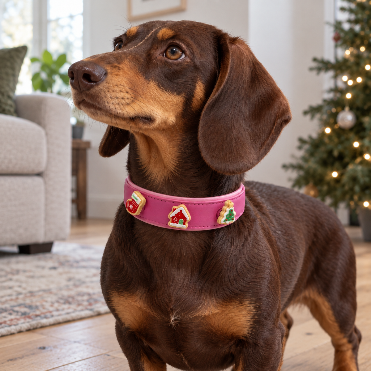 Dachshund wearing a Petiria collar styled with colorful Christmas cookie dog collar charms for the holiday season
