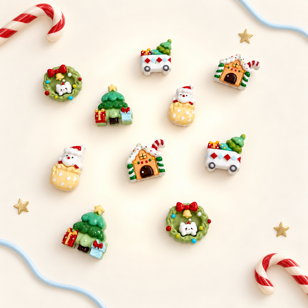 Christmas dog collar charms featuring a Christmas tree, Santa, wreath, gift cart and candy cane Christmas house
