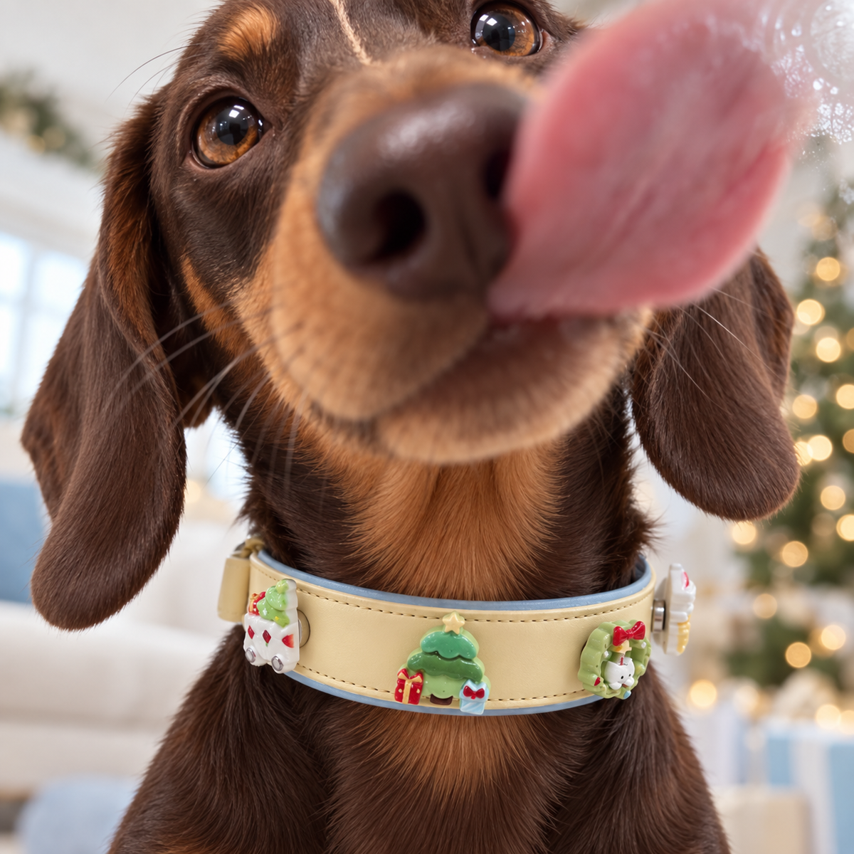 Dachshund wearing a Petiria collar with Christmas tree, wreath and festive Christmas dog collar charms