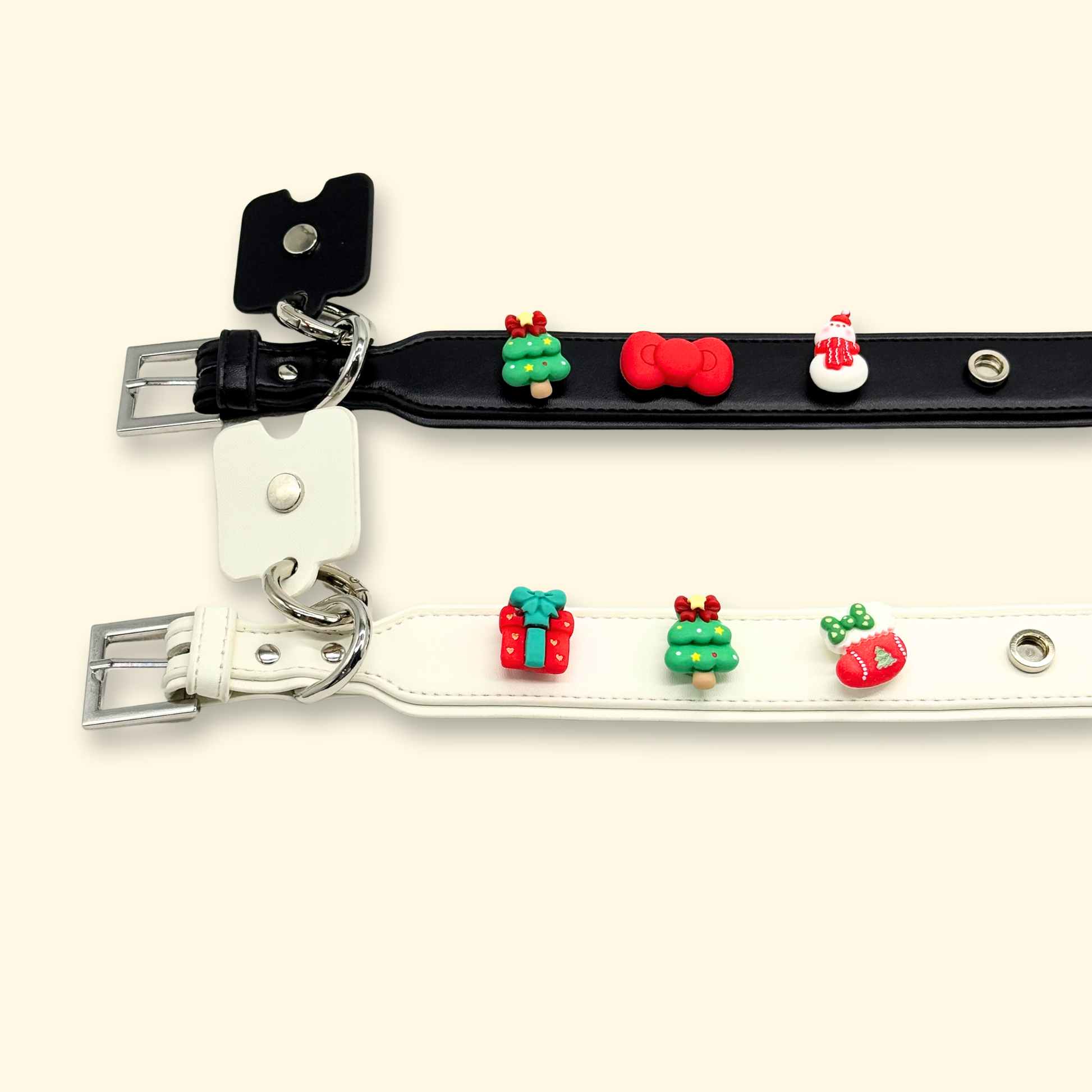 A cute red Christmas gift with a teal ribbon, and a red Christmas stocking with green accents, perfect for dog and cat collars