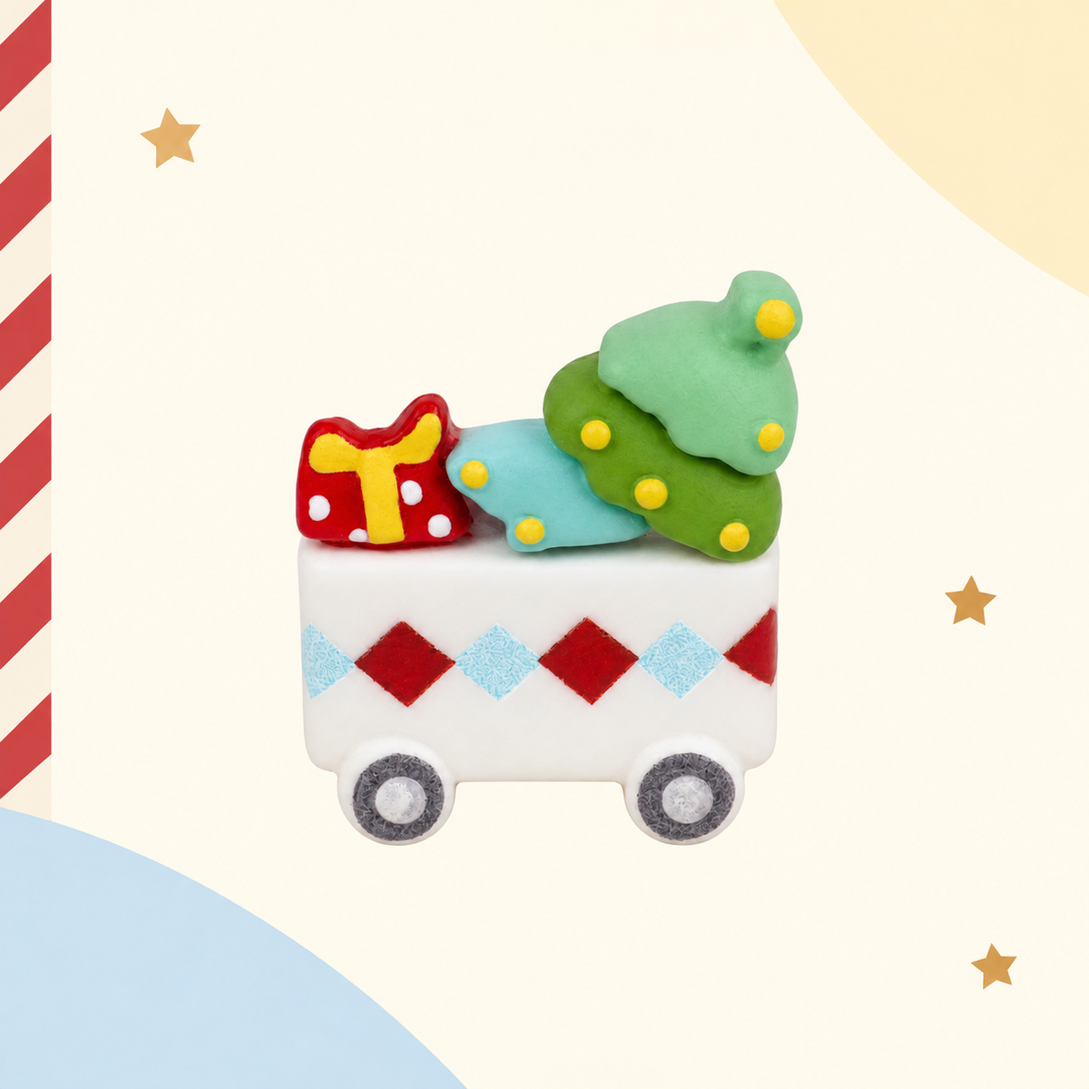 Christmas dog collar charm featuring a festive cart filled with gifts and a Christmas tree
