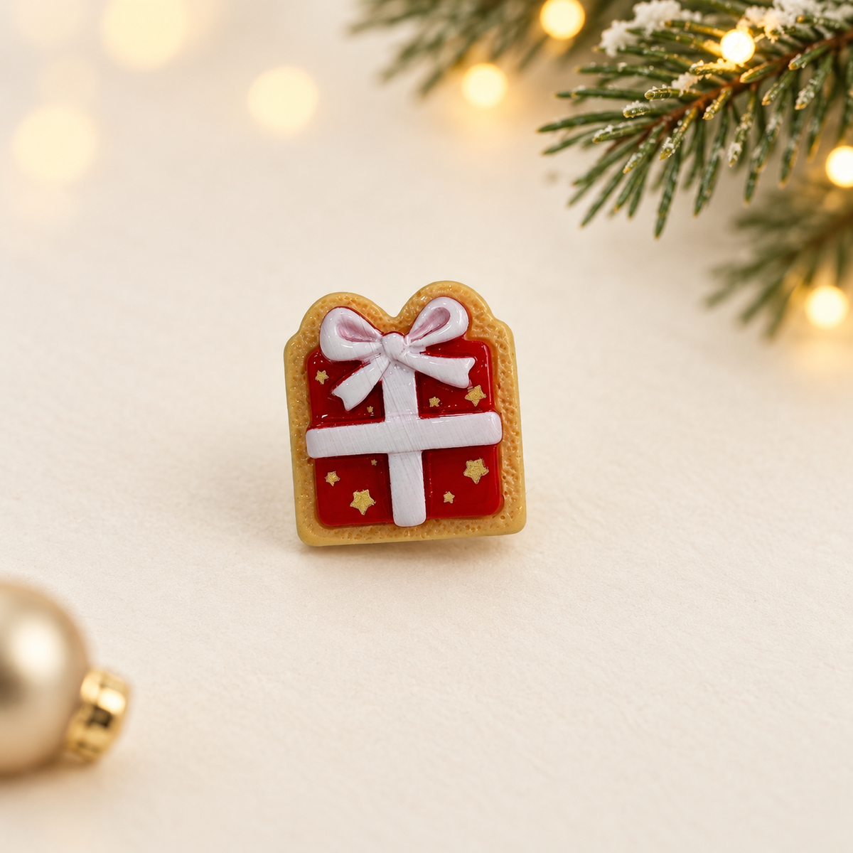 Red Christmas gift cookie dog collar charm with white ribbon and festive icing details