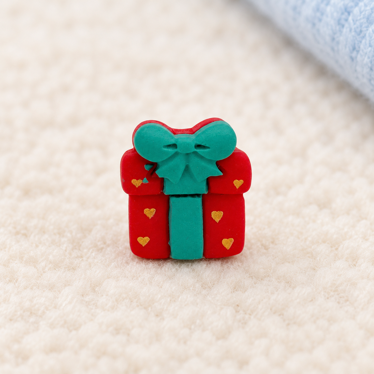 Red Christmas gift box dog collar charm with teal bow and heart details for a personalized holiday collar look