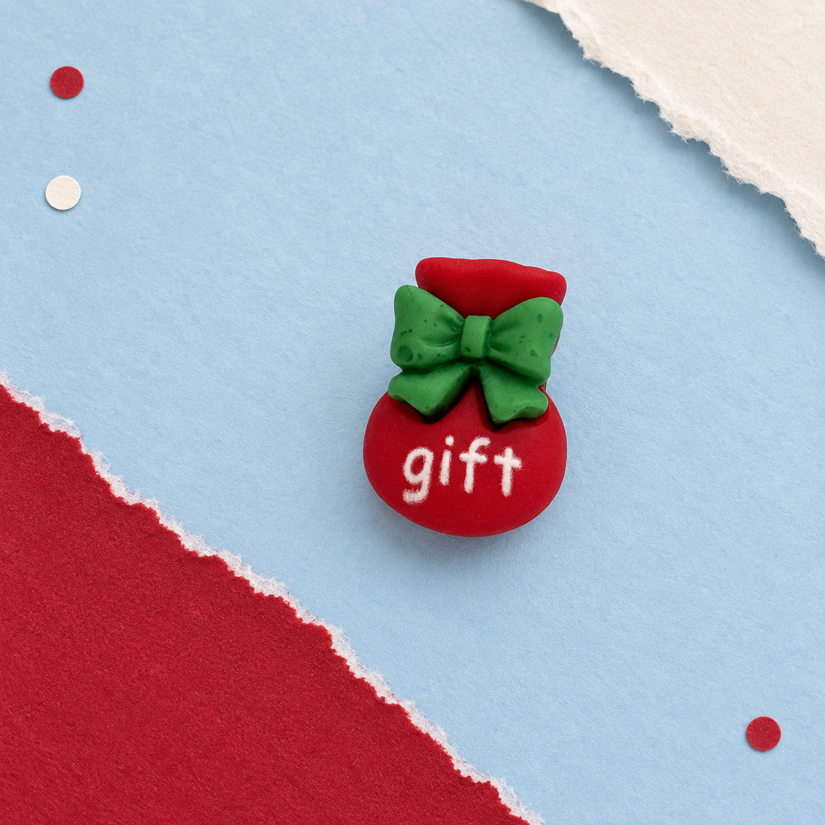 Red Christmas gift sack dog collar charm with a green bow for mix-and-match holiday collar styling
